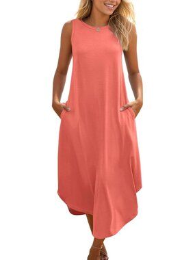Women's Pink Casual Summer Sleeveless Dress Beach Sundress Split Long Dress